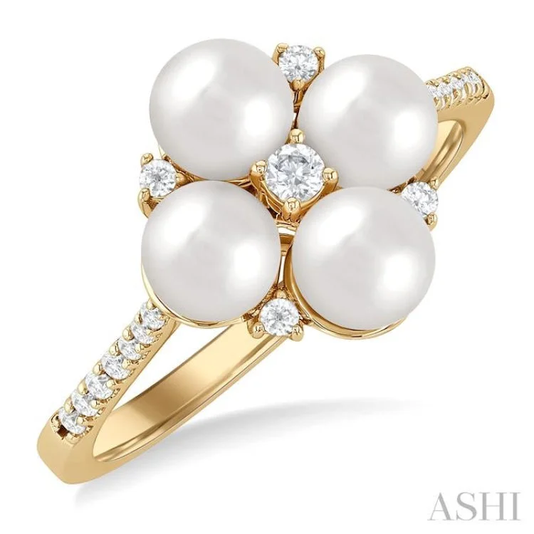 women’s simple rings-1/6 ctw Floral 5X5MM Cultured Pearls and Round Cut Diamond Fashion Ring in 10K Yellow Gold