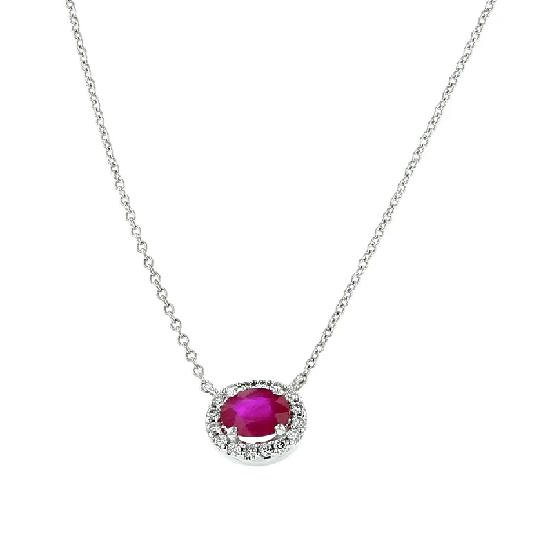 women’s simple necklaces-Oval Ruby and Diamond Halo Pendant Necklace