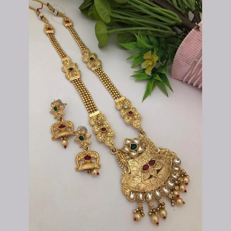 women’s heart pendant necklaces-FS Collection Gold Plated Kundan Stone Long Necklace Set