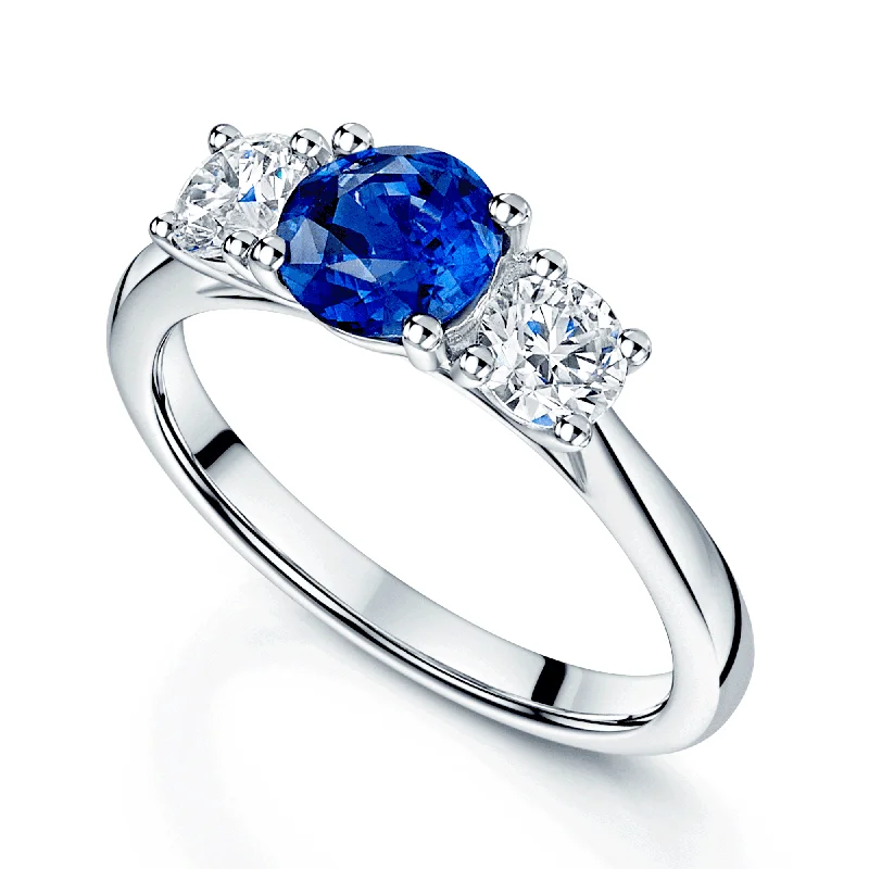 women’s platinum engagement rings-Platinum Three Stone Round Sapphire & GIA Round Brilliant Diamond Ring