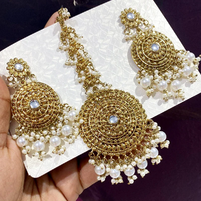 women’s birthstone earrings-Rani Sati Jewels Gold Plated Pearl Dangler Earrings With Mangtikka