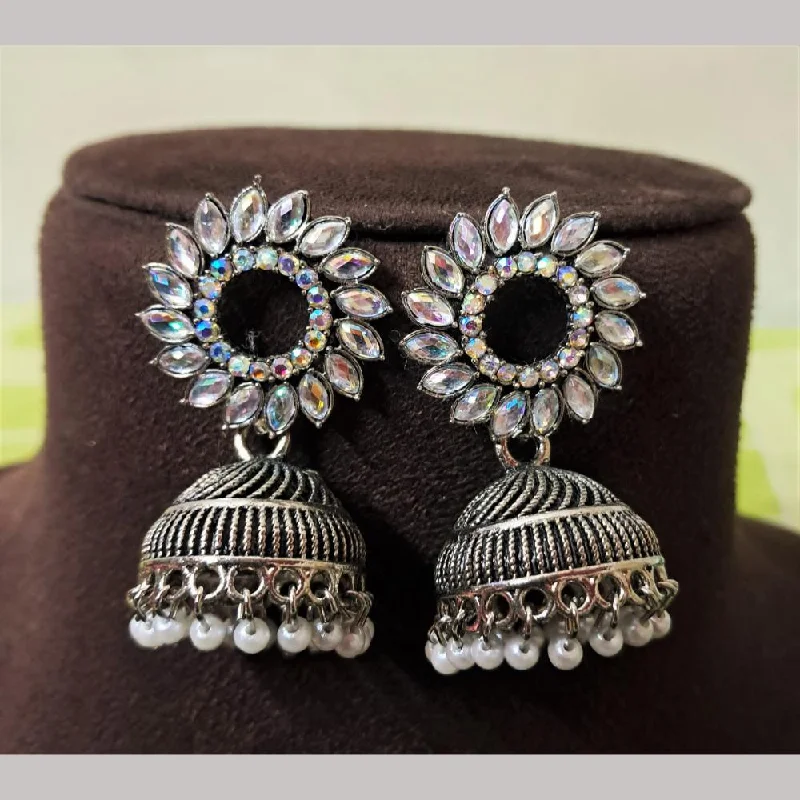 women’s platinum earrings-H K Fashion Oxidised Plated Austrian Stone And Beads Jhumki Earrings