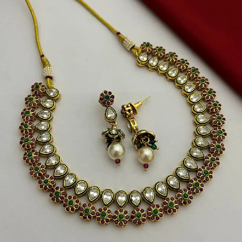 women’s vintage-inspired necklaces-FS Collection Gold Plated Kundan Stone Necklace Set