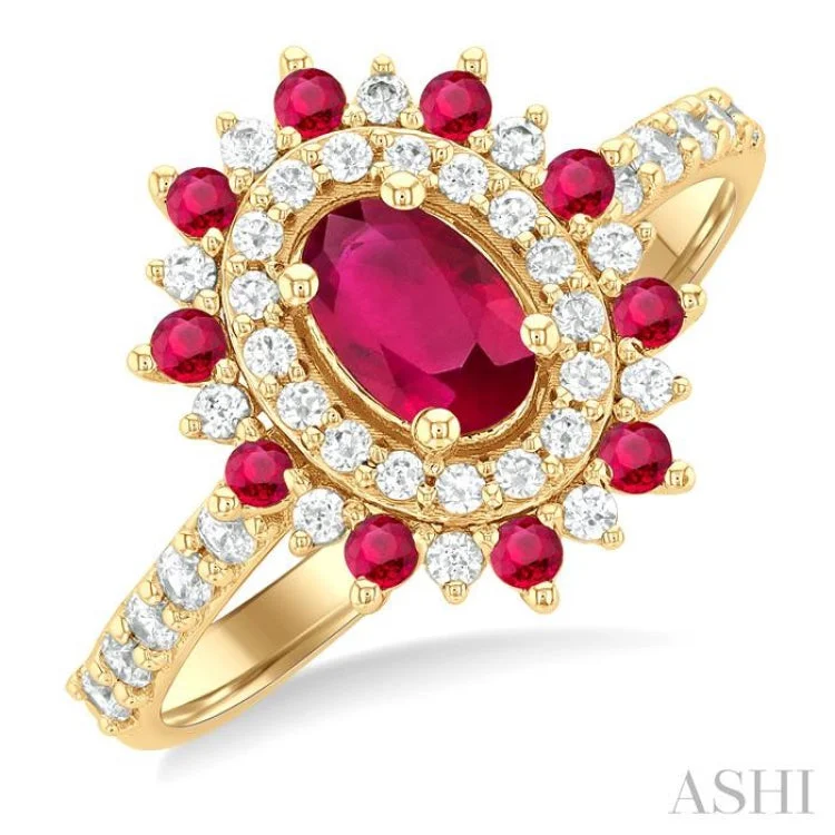 women’s silver wedding rings-3/8 ctw Floral 6X4MM Oval & 1.5MM Round Cut Ruby and Round Cut Diamond Precious Ring in 14K Yellow Gold