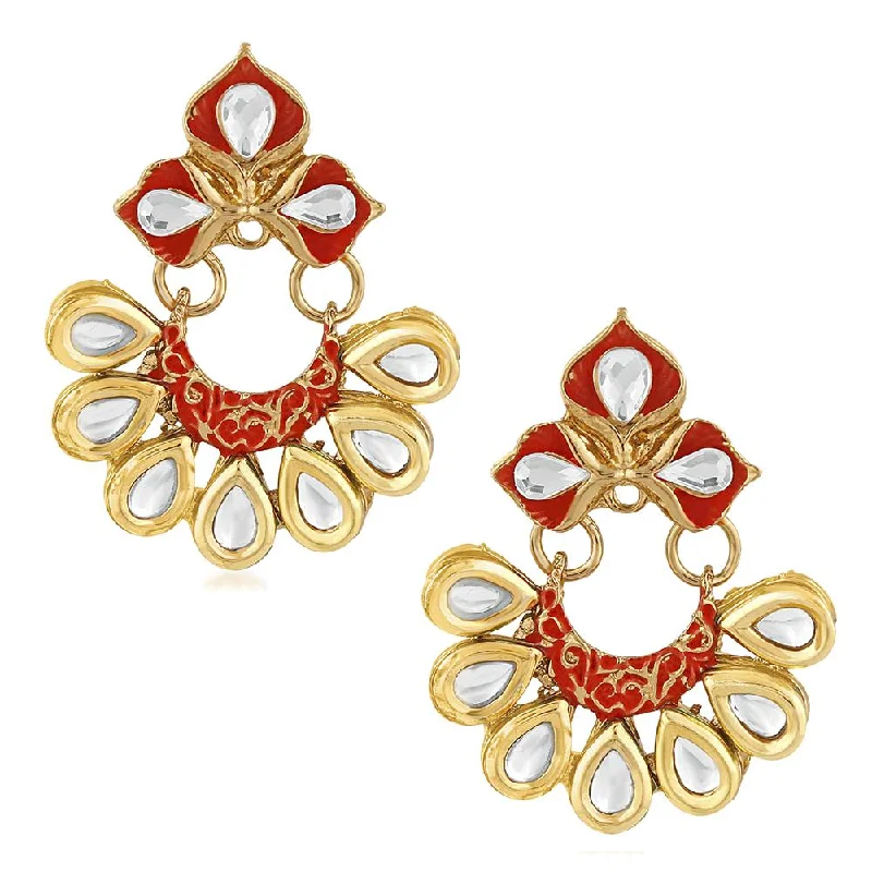 women’s designer earrings-Mahi Traditional Floral Chandbali Kundan and Orange Meenakariwork Earrings for Women (ER1109678G)