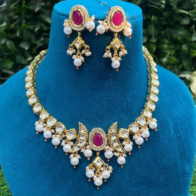 women’s gold-plated necklaces-Amoliya Jewels Gold Plated Kundan Stone And Pearls Necklace Set