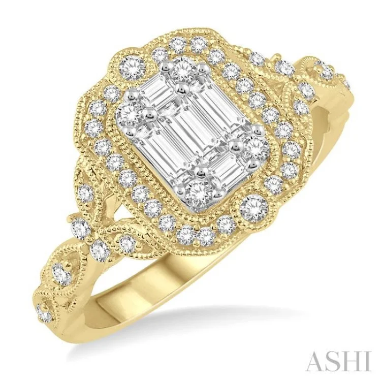 women’s vintage diamond engagement rings-5/8 Ctw Intricate lattice Baguette and Round Cut Diamond Ring in 14K Yellow and white gold