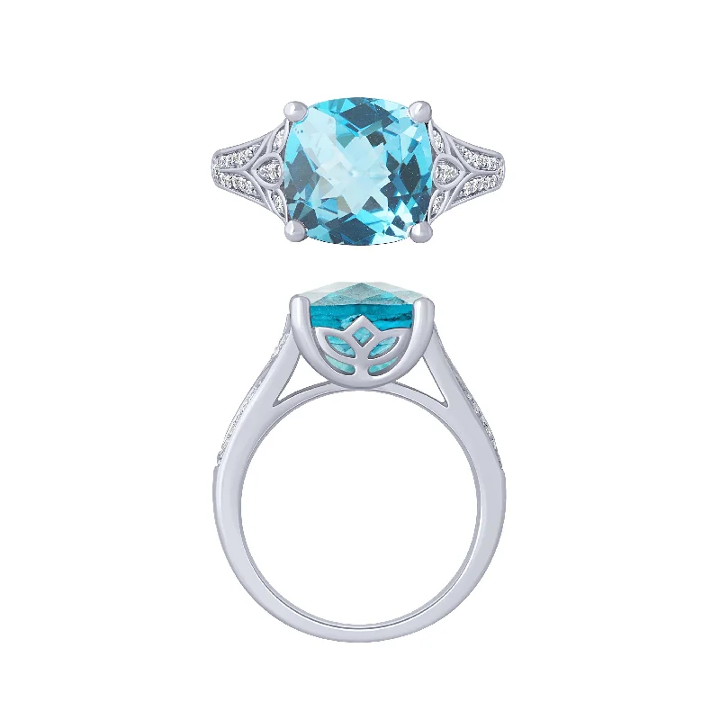 women’s affordable engagement rings-14K White Gold Cushion Aqua And Diamond Ring