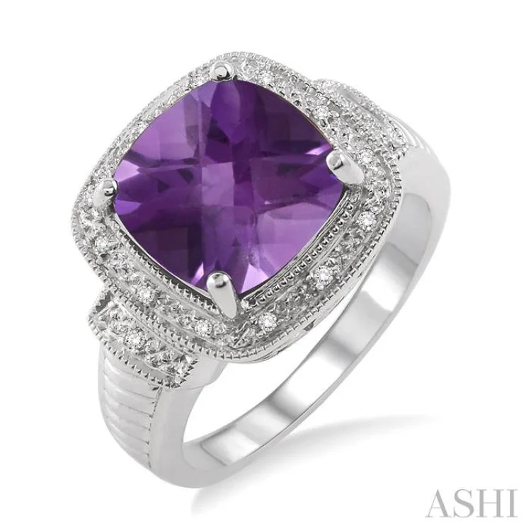 women’s color-changing gemstone engagement rings-10x10 mm Cushion Cut Amethyst and 1/20 ctw Single Cut Diamond Ring in Sterling Silver