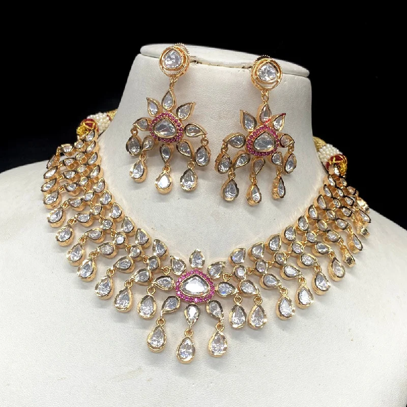 women’s luxury necklaces-Royal Kundan Jewellery Gold Plated Polki Kundan Necklace Set